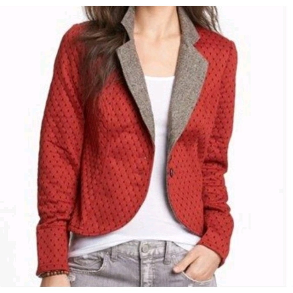 Free People Quilted Diamond Blazer Jacket Orange Black Tweed Lapel XS Polka Dot